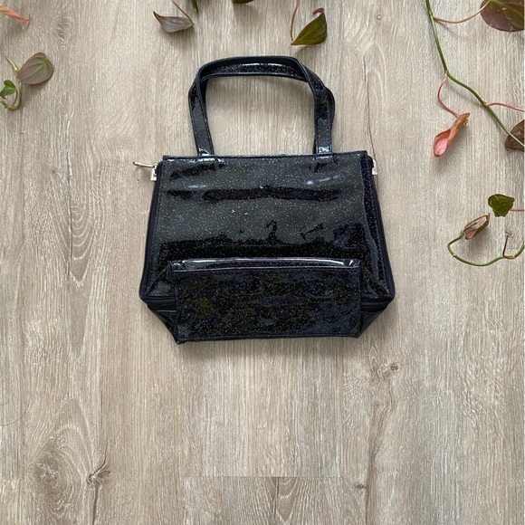 Vintage 90’s Black PVC Shiny Glitter Mini Tote Bag Side Zips - Picture 6 of 8